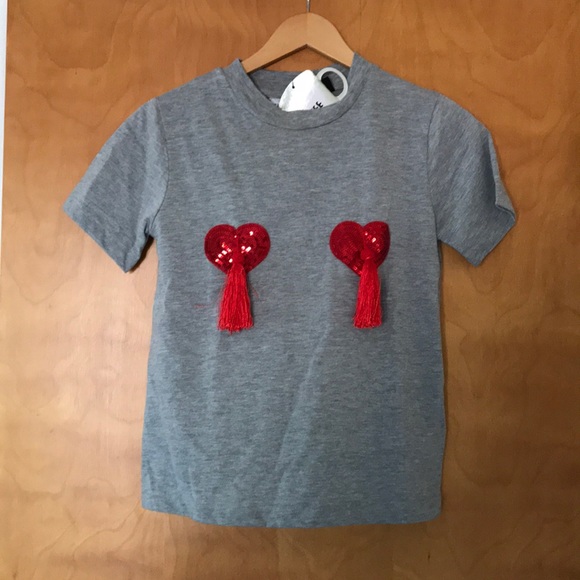 Topshop Tee Shirt Heart Tassel Gray “Tee and Cake” - Picture 3 of 7